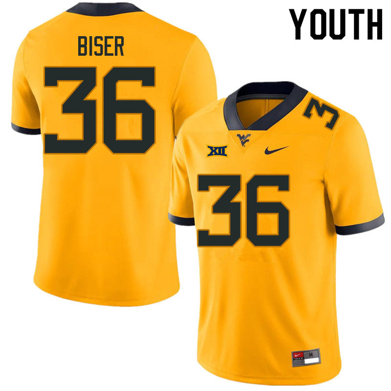 Youth #36 Caden Biser West Virginia Mountaineers College Football Jerseys Sale-Gold - Click Image to Close